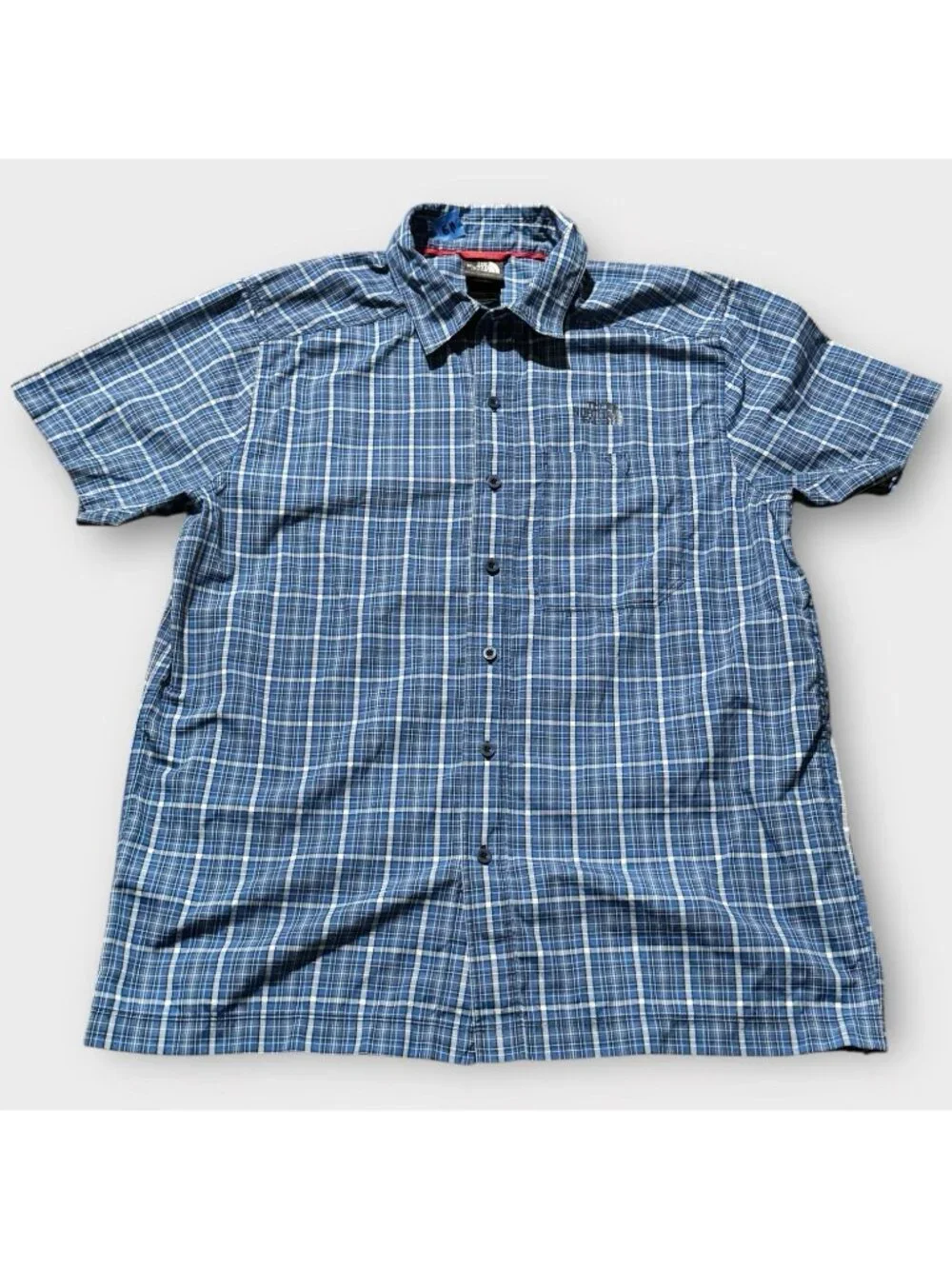 North Face Button Shirt Blue Plaid Outdoor Casual Short Sleeve Hiking Men Medium